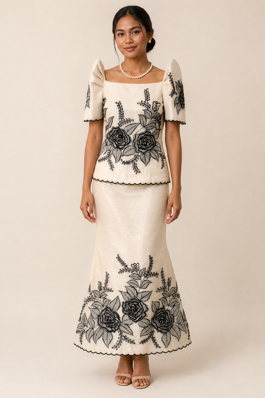 Ivory Filipiniana Terno Set with Black Rose Embroidery