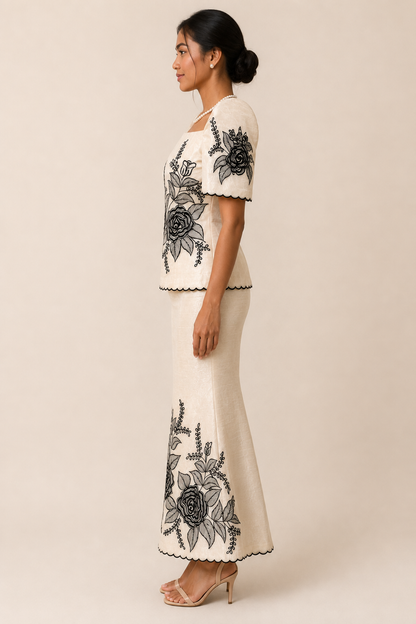 Ivory Filipiniana Terno Set with Black Rose Embroidery