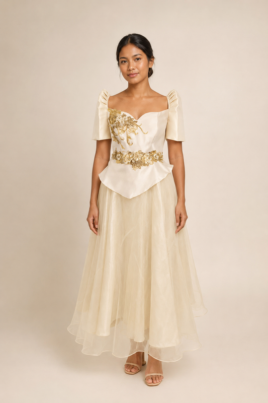 Ivory &amp; Gold Filipiniana Terno Gown with Floral Appliqué