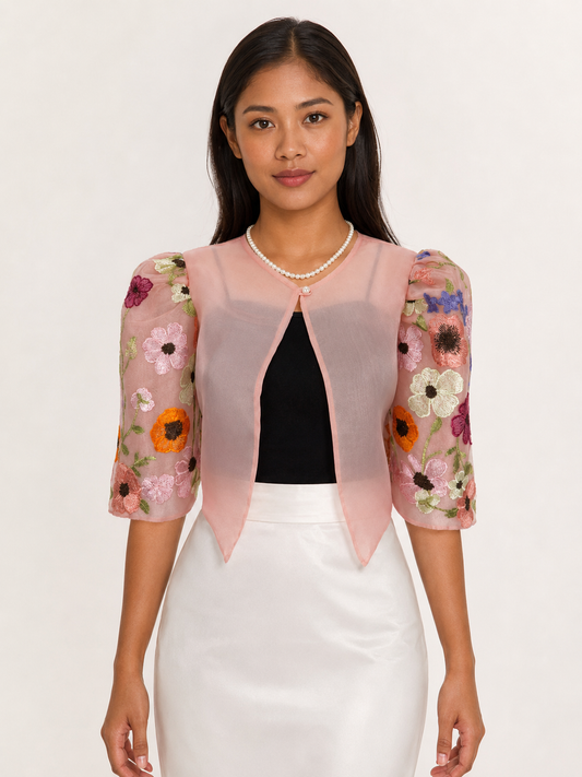 Women’s Blush Pink Filipiniana Bolero with Floral Embroidered Sleeves