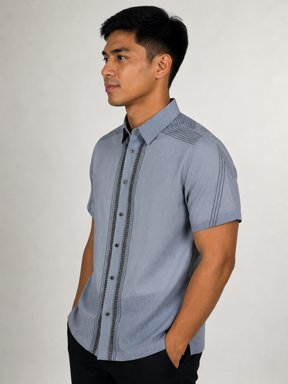 Men’s Powder Blue Office Barong with Black Embroidery | Made in Nueva Ecija