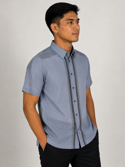 Men’s Powder Blue Office Barong with Black Embroidery | Made in Nueva Ecija