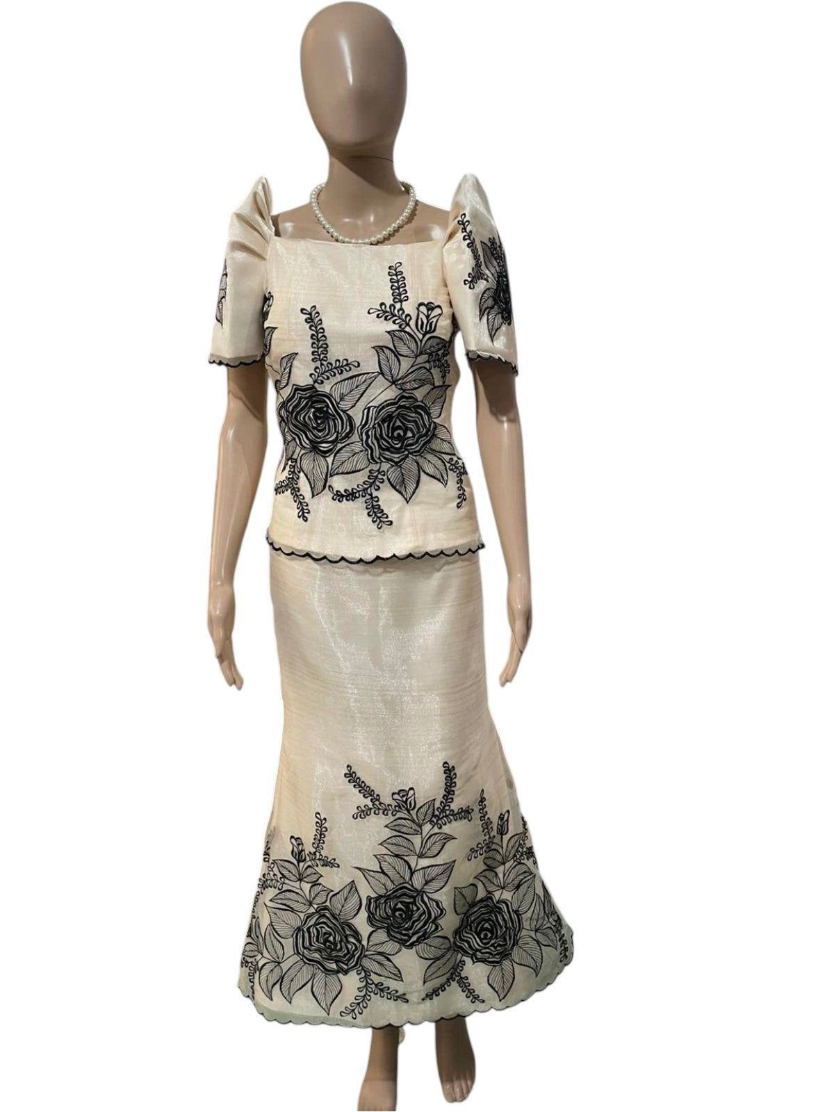 Ivory Filipiniana Terno Set with Black Rose Embroidery