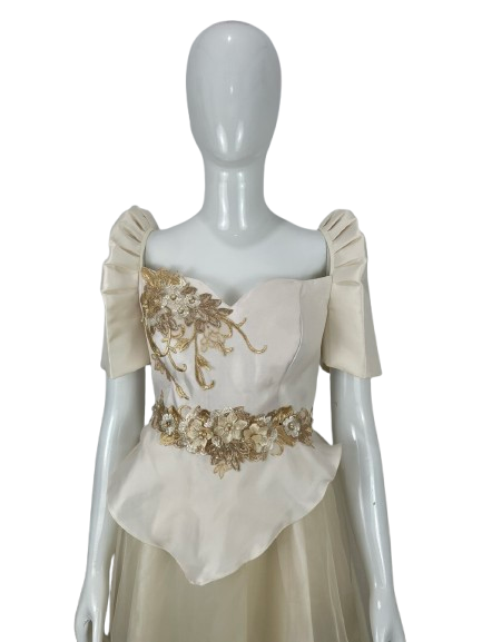 Ivory &amp; Gold Filipiniana Terno Gown with Floral Appliqué