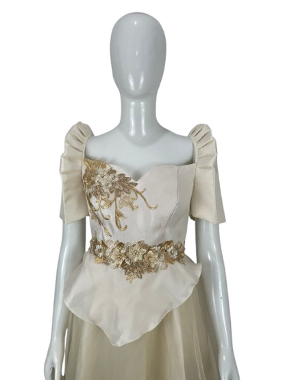 Ivory &amp; Gold Filipiniana Terno Gown with Floral Appliqué