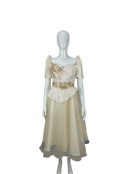 Ivory &amp; Gold Filipiniana Terno Gown with Floral Appliqué