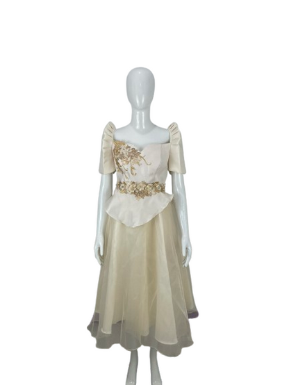 Ivory &amp; Gold Filipiniana Terno Gown with Floral Appliqué
