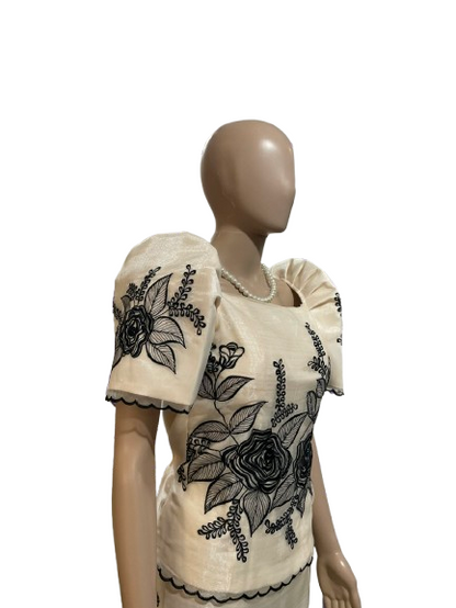 Ivory Filipiniana Terno Set with Black Rose Embroidery