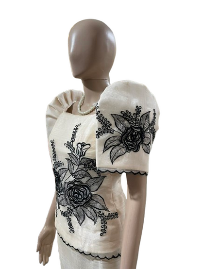 Ivory Filipiniana Terno Set with Black Rose Embroidery